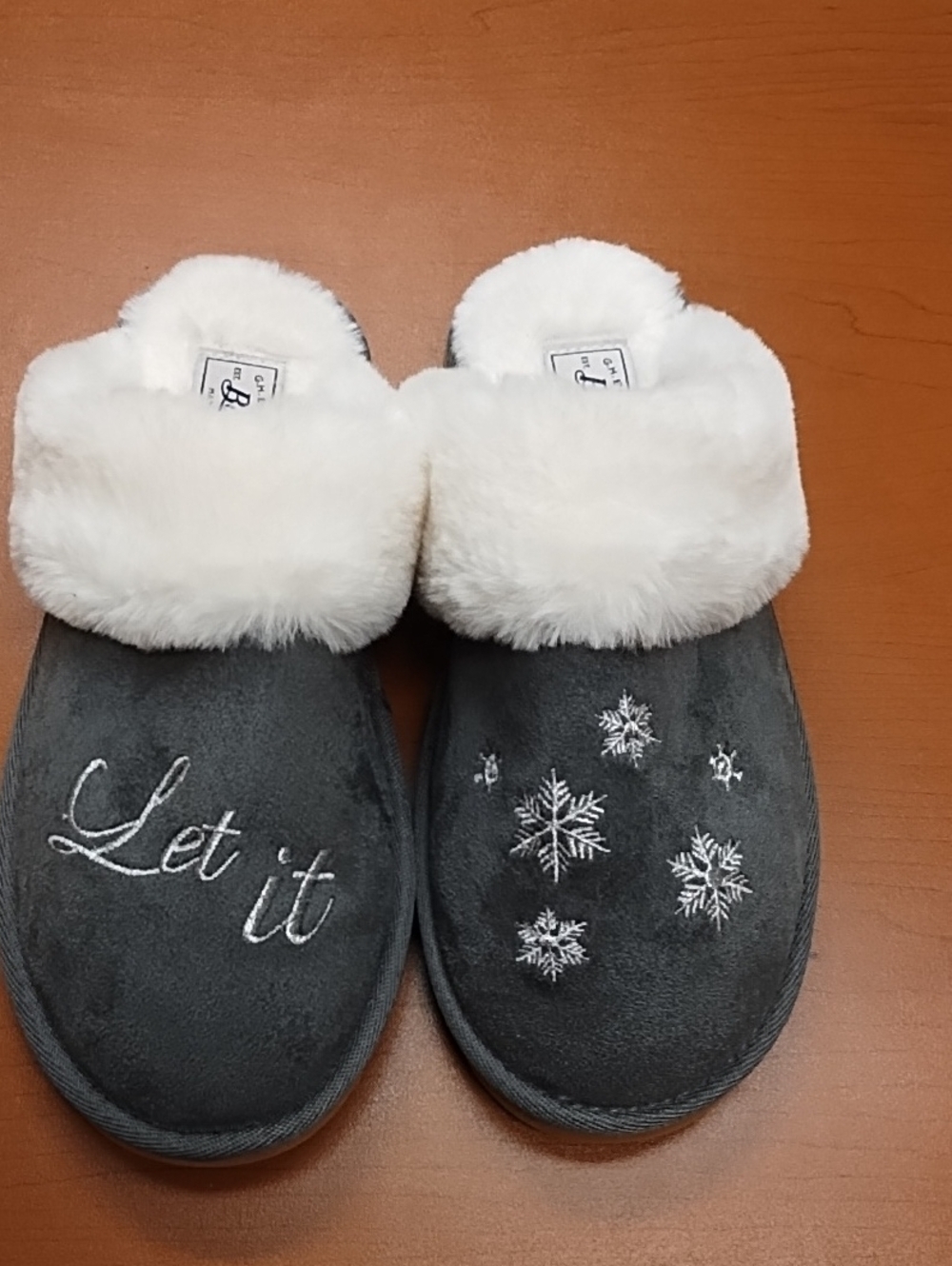 Gray Plush Snowflake Slippers with White Faux Fur Cuff
